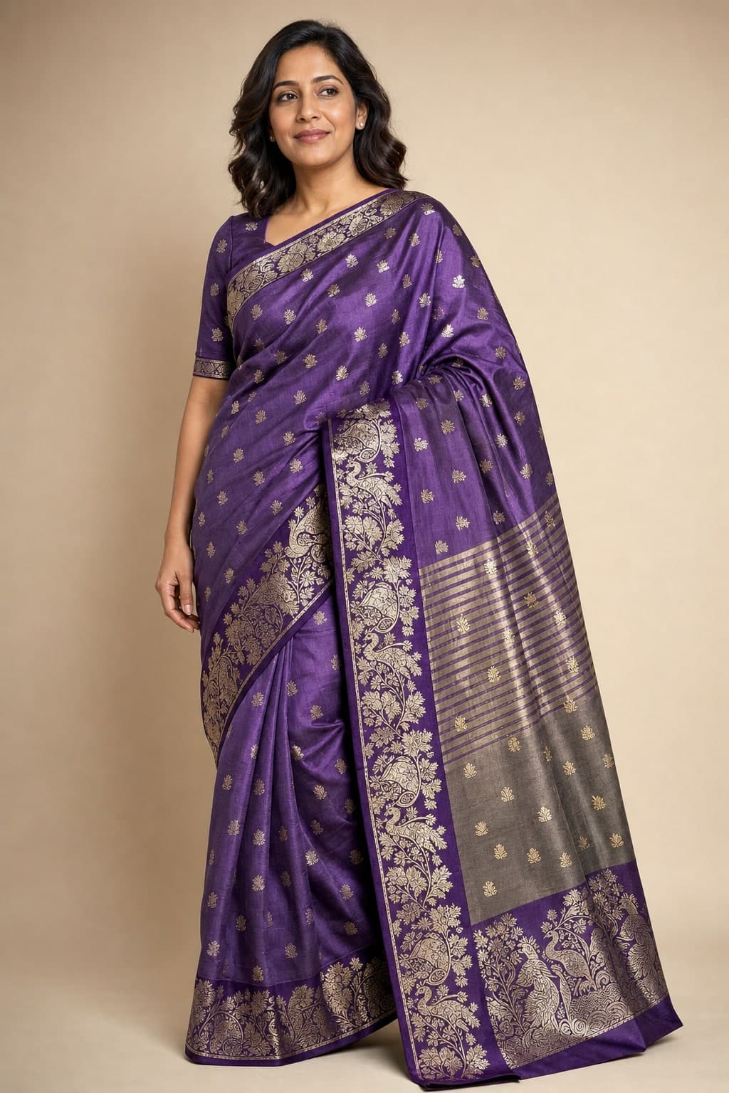 Purple Silk Buti Peacock — styled view