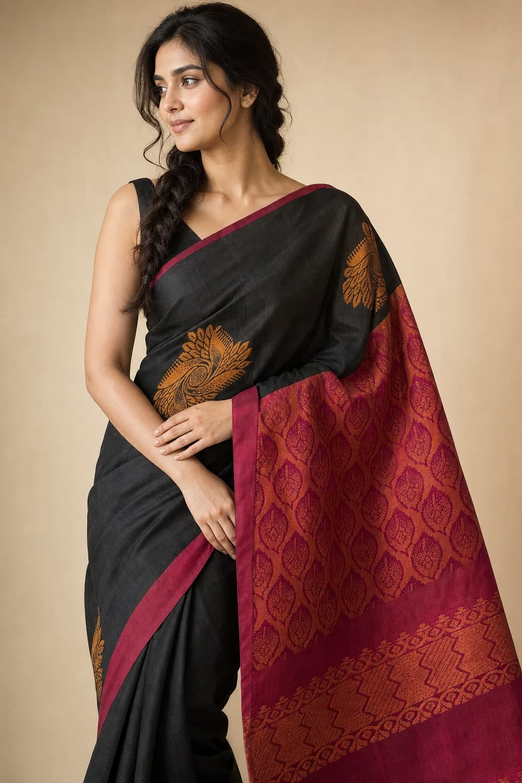 Black Magenta Silk Peacock — styled view