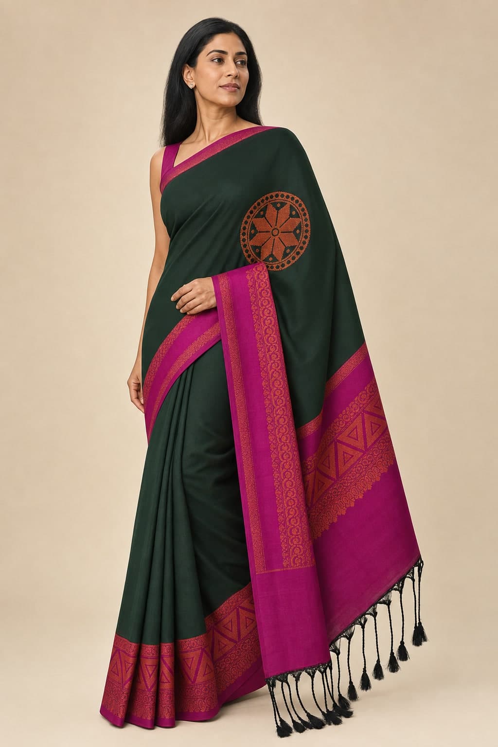 Green Magenta Floral Saree — styled view