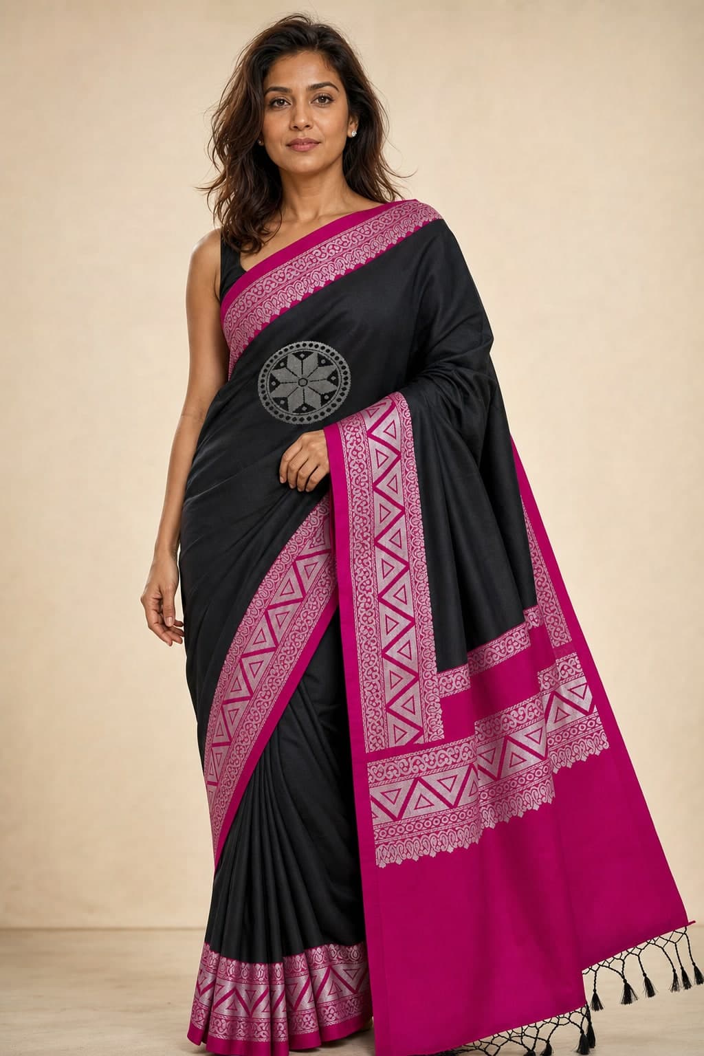 Black Pink Geometric Saree — styled view