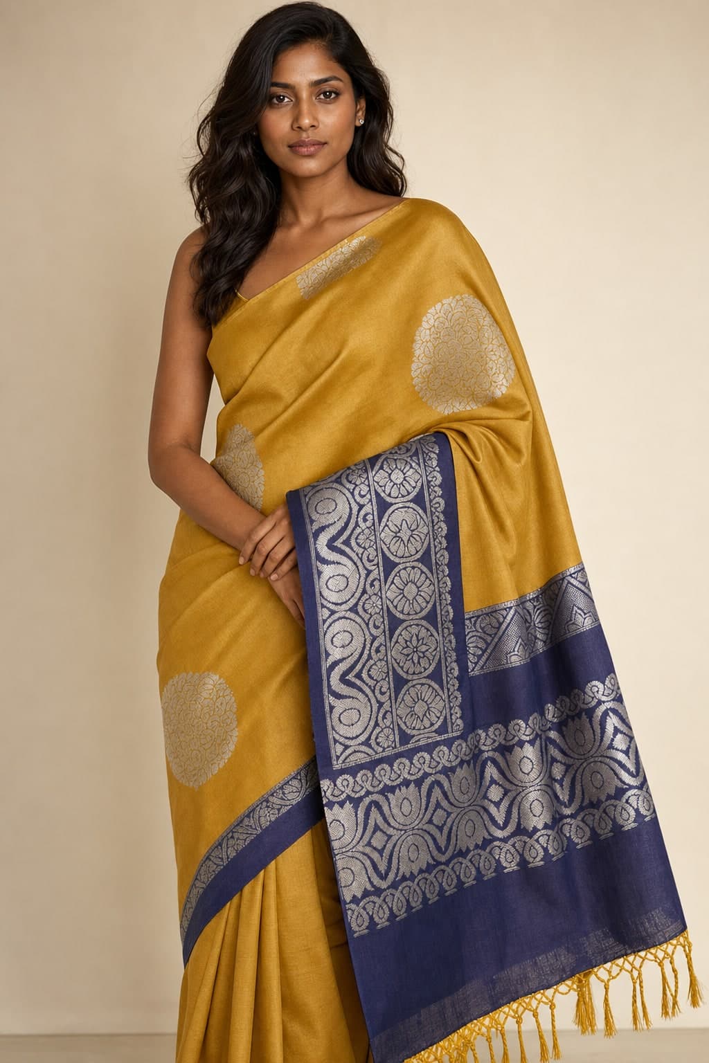 Mustard Silk Brocade Motif — styled view