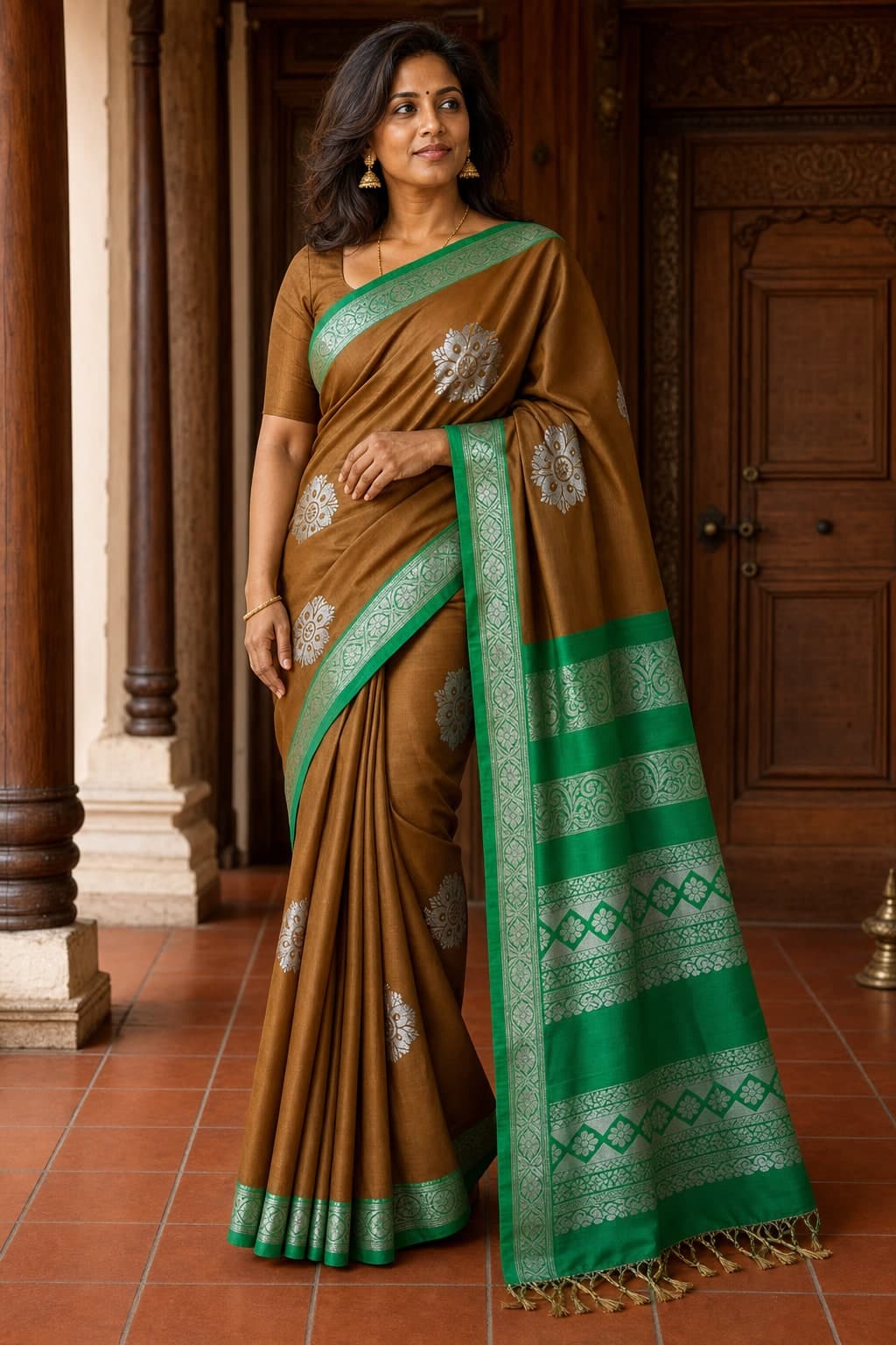 Brown Green Floral Silk — styled view