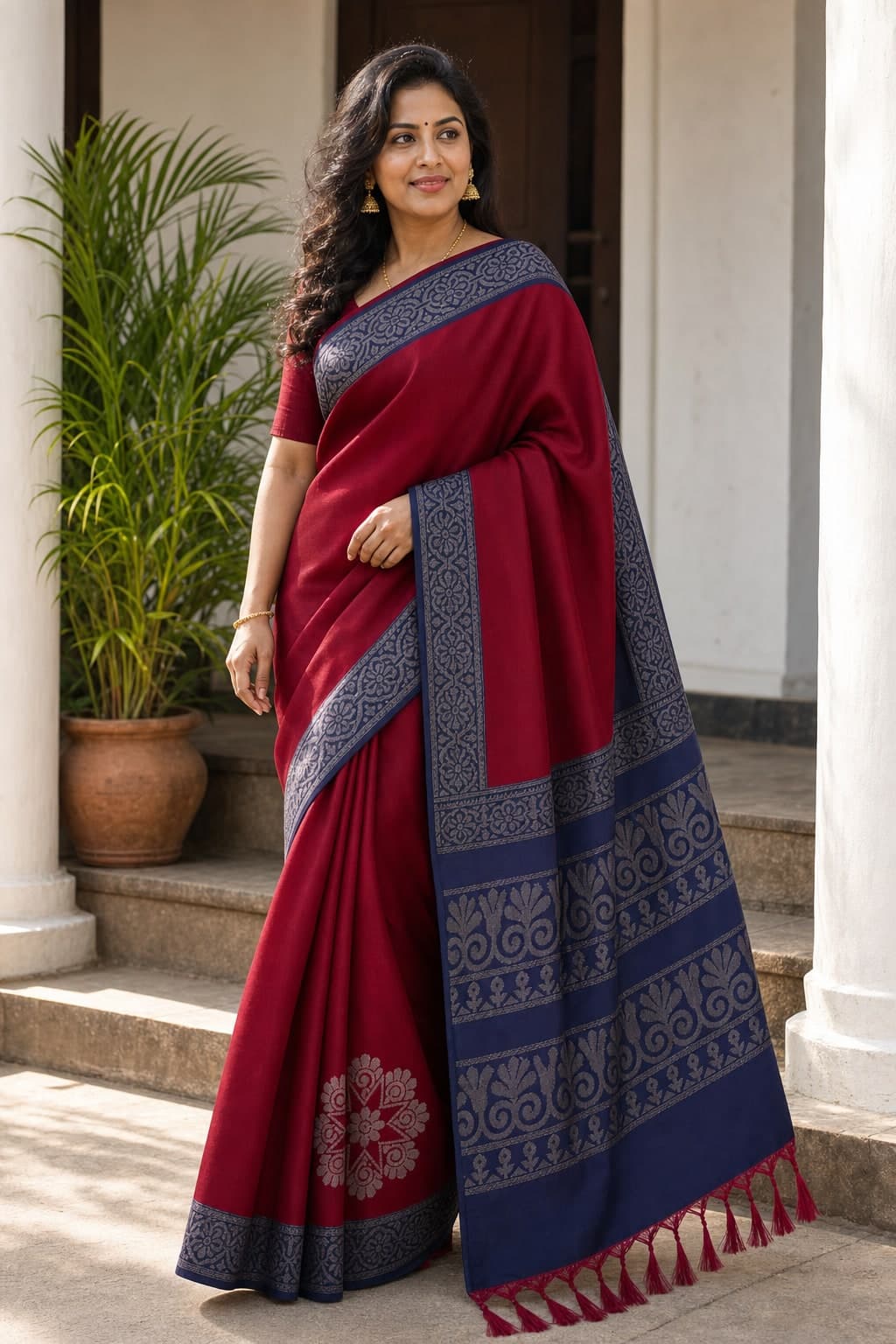 Maroon Silk Floral Motif — styled view