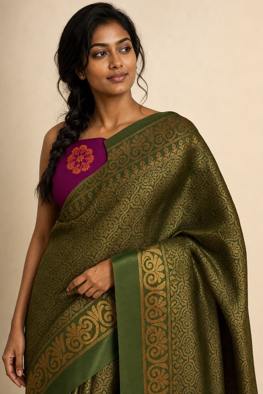 Olive Silk Zari Brocade — styled view