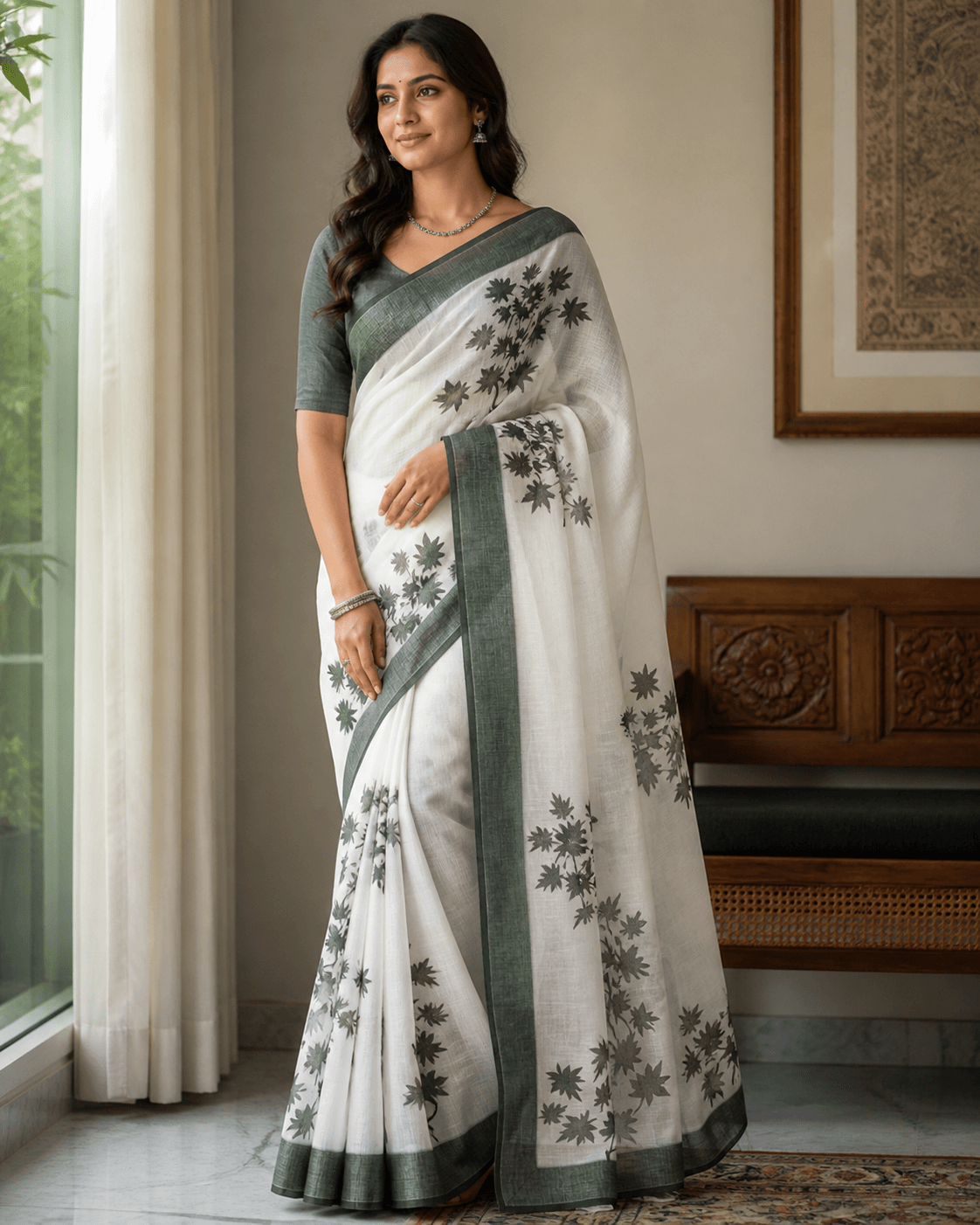 Off-White Linen Floral Saree