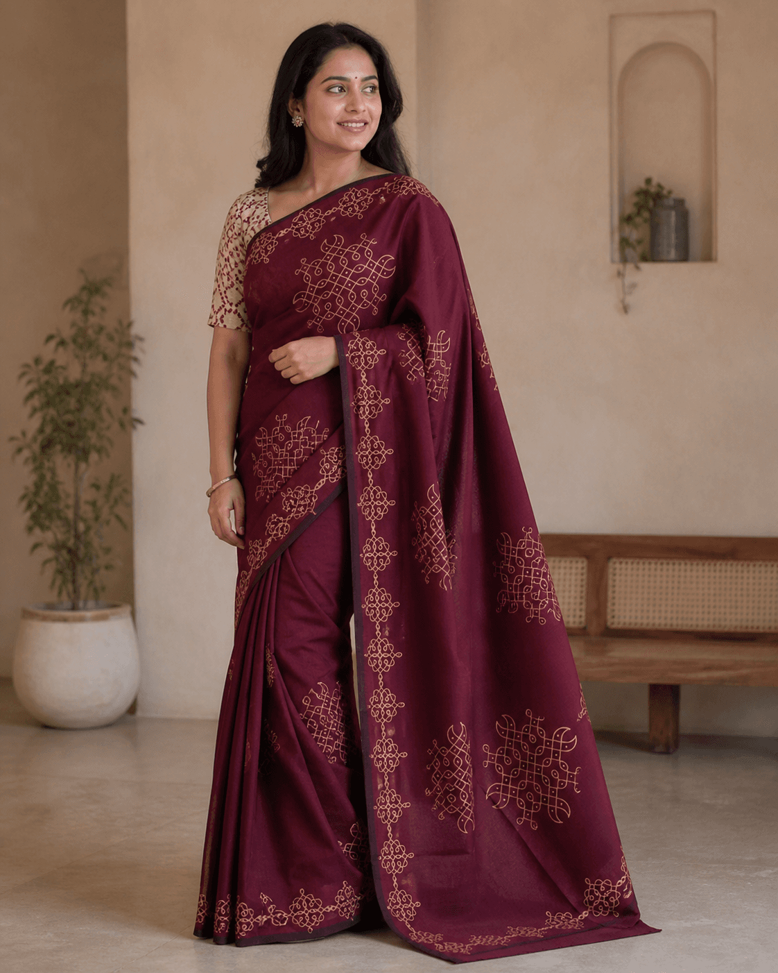 Wine Kolam Embroidered Saree