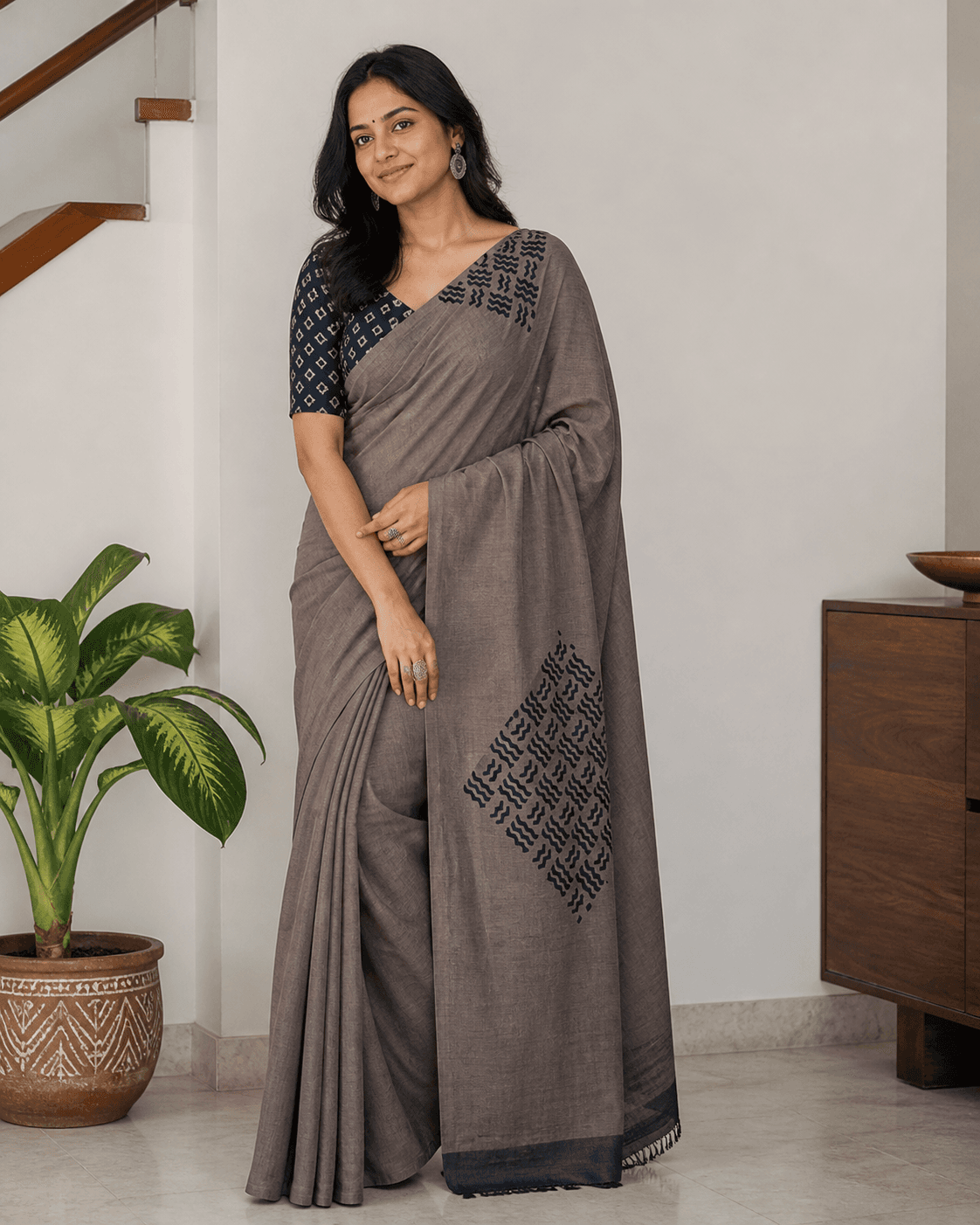 Taupe Embroidered Handloom Saree
