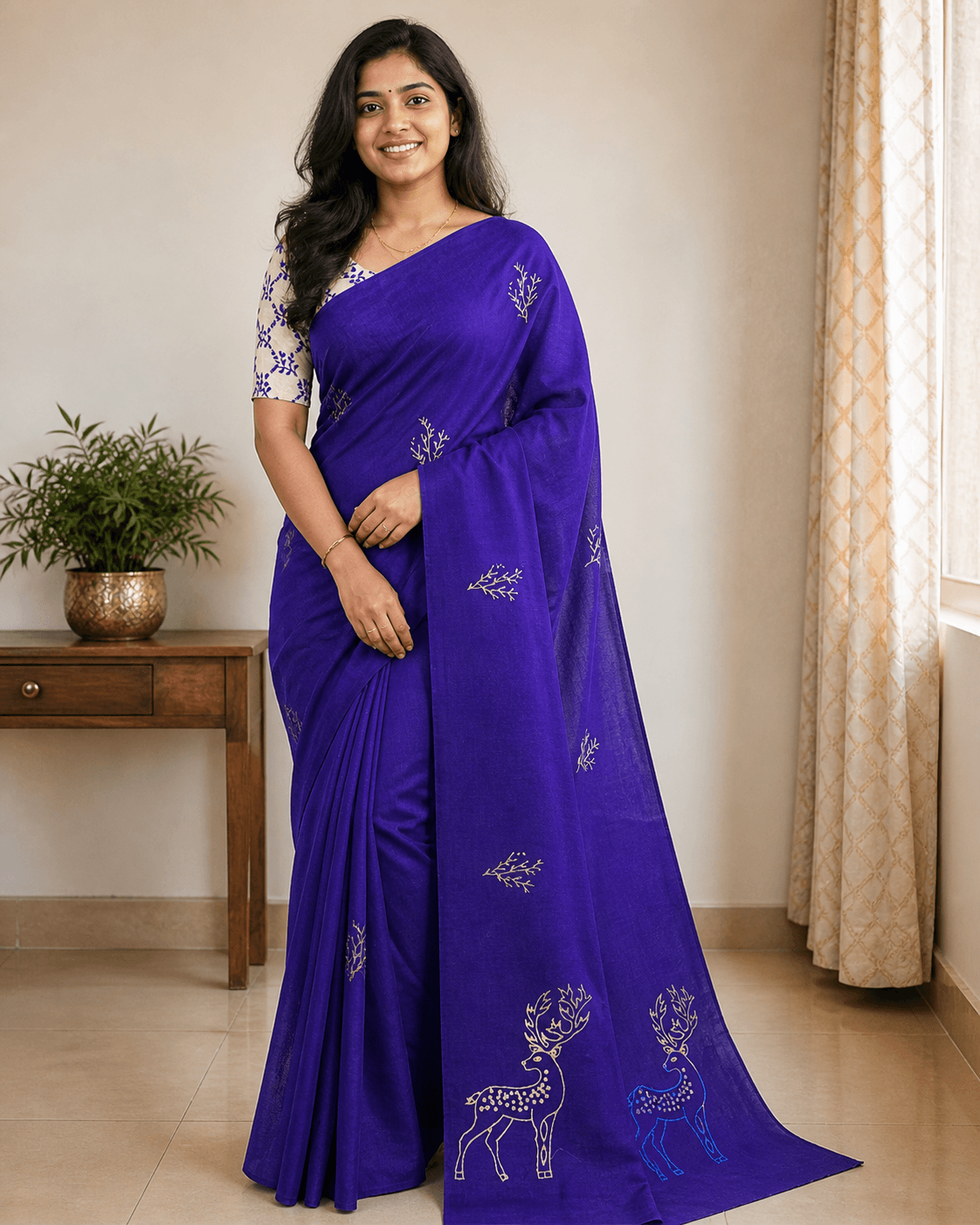 Violet Embroidered Deer Saree