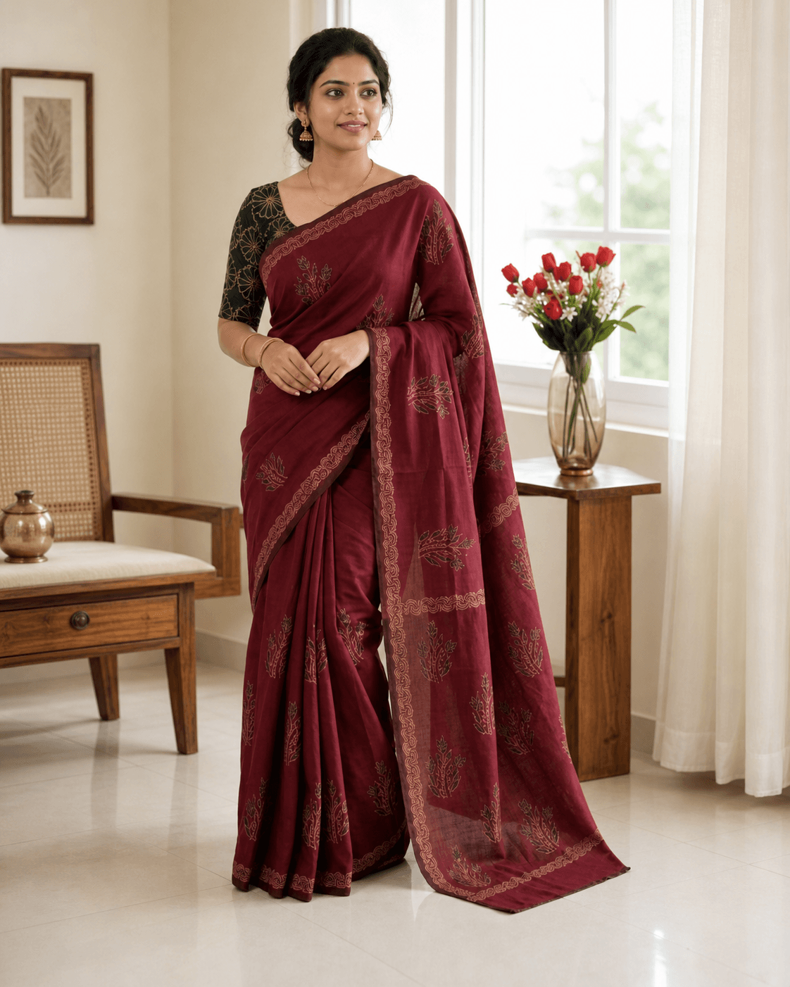 Wine Red Embroidered Saree