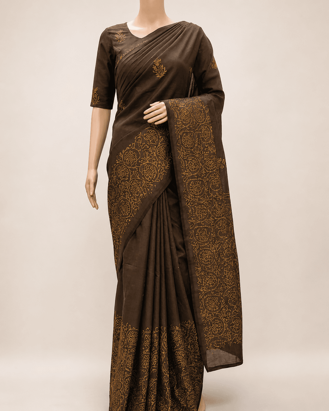 Brown Gold Embroidered Saree
