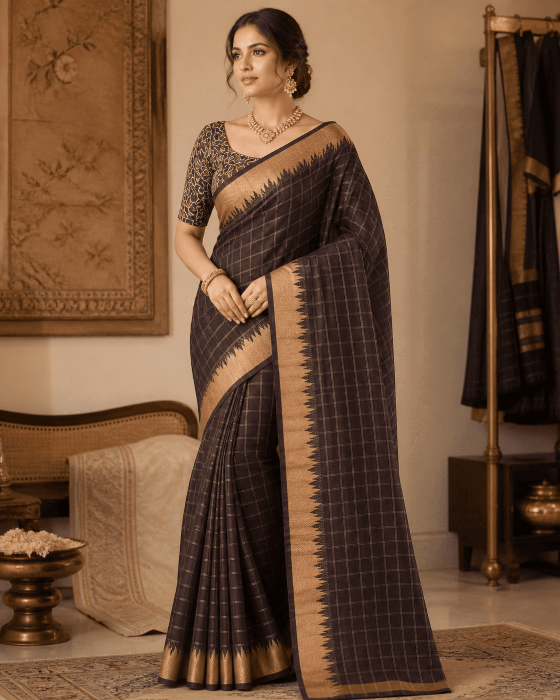 Chocolate Brown Checked Saree