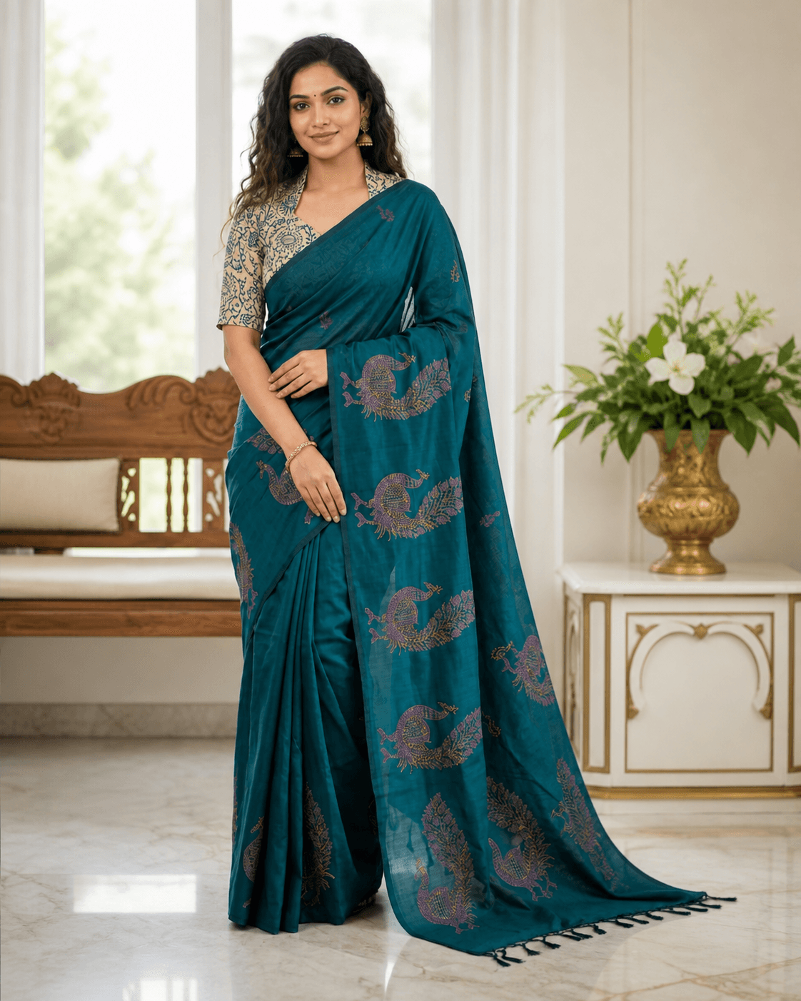 Teal Peacock Embroidered Saree