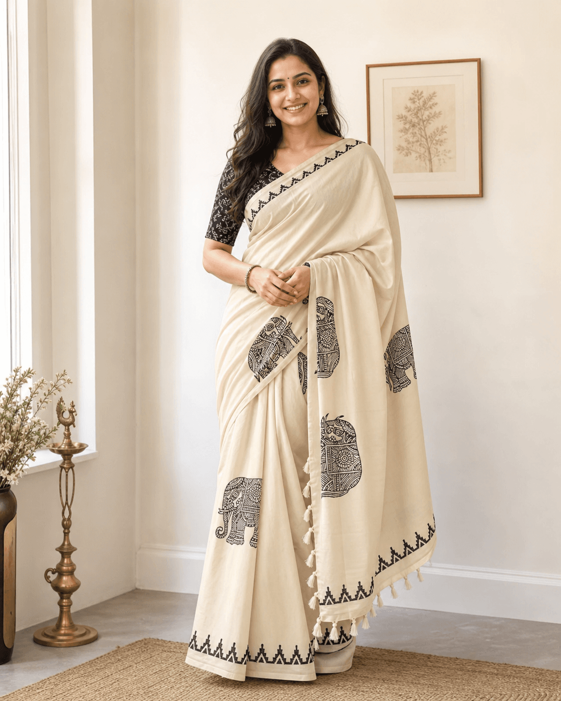 Cream Elephant Motif Saree