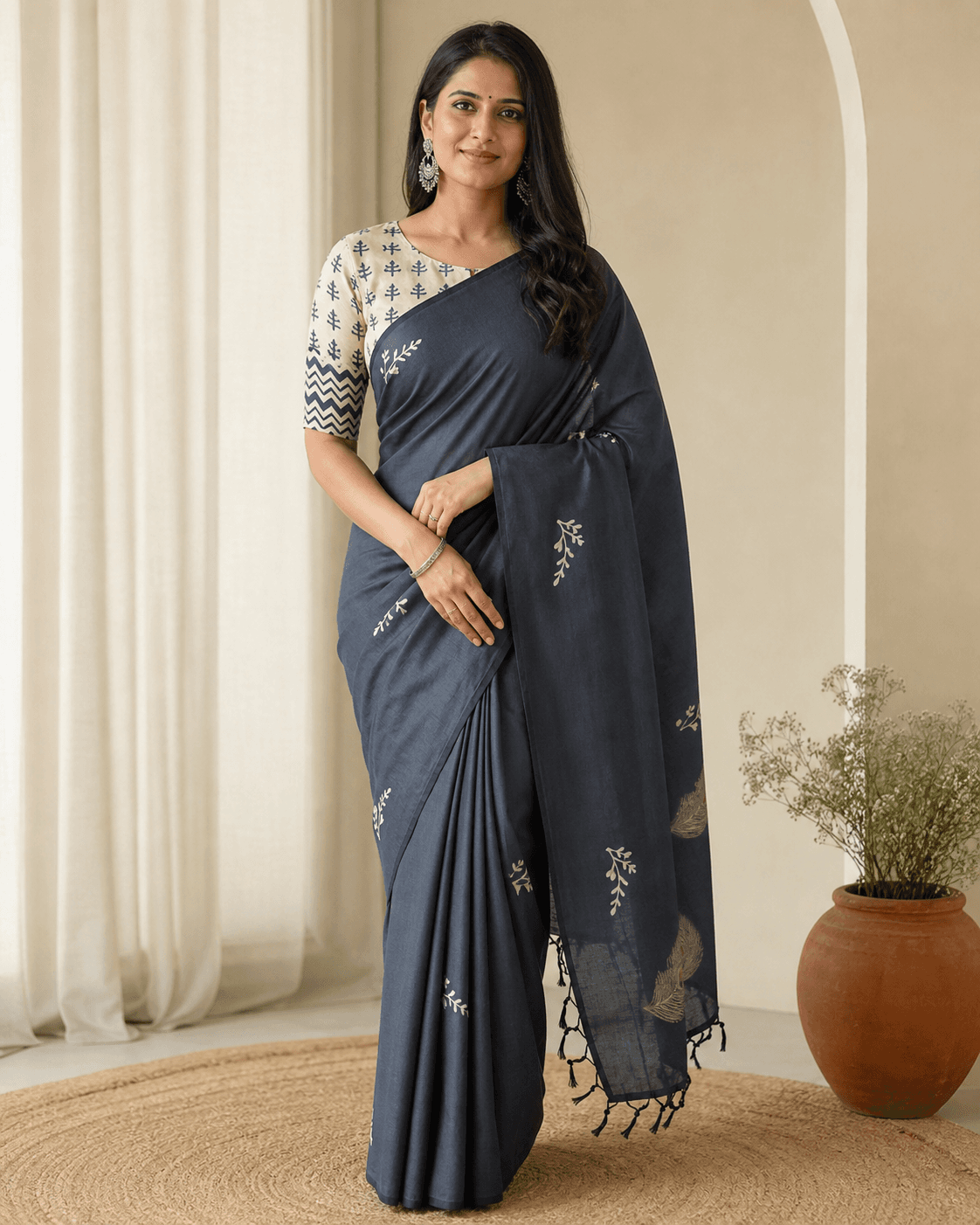 Charcoal Cotton Embroidered Saree