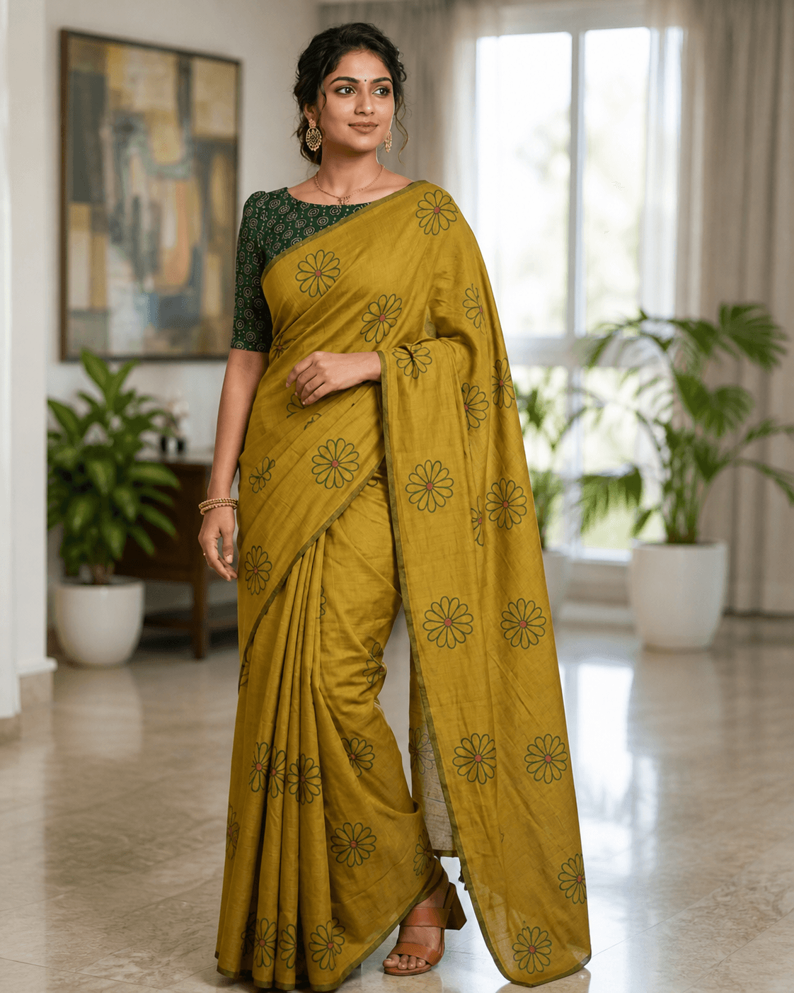 Mustard Daisy Print Saree