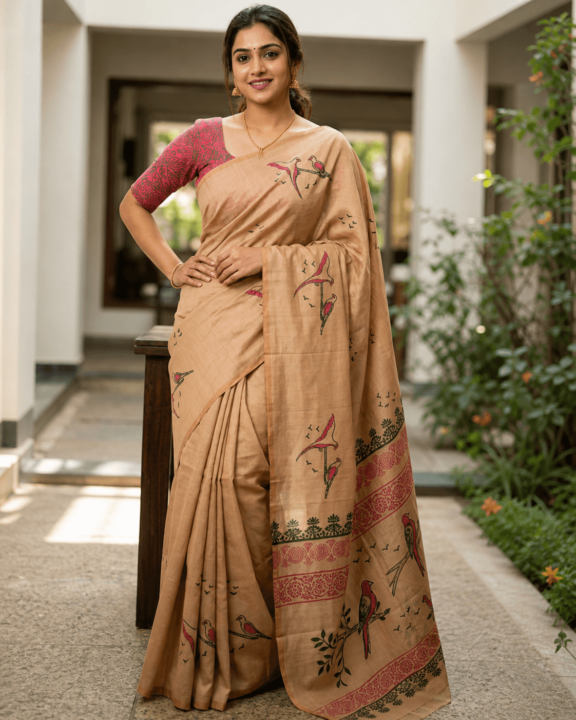 Beige Bird Motif Saree