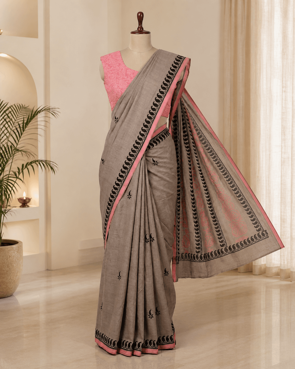 Grey Cotton Floral Saree