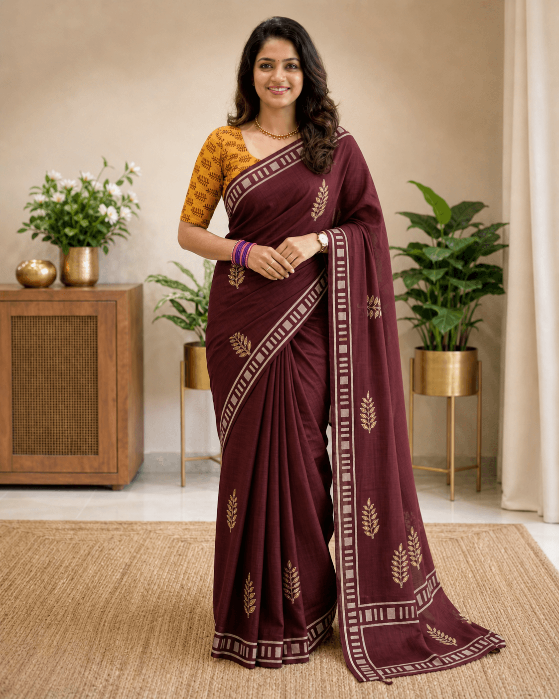 Maroon Saree Golden Leaf