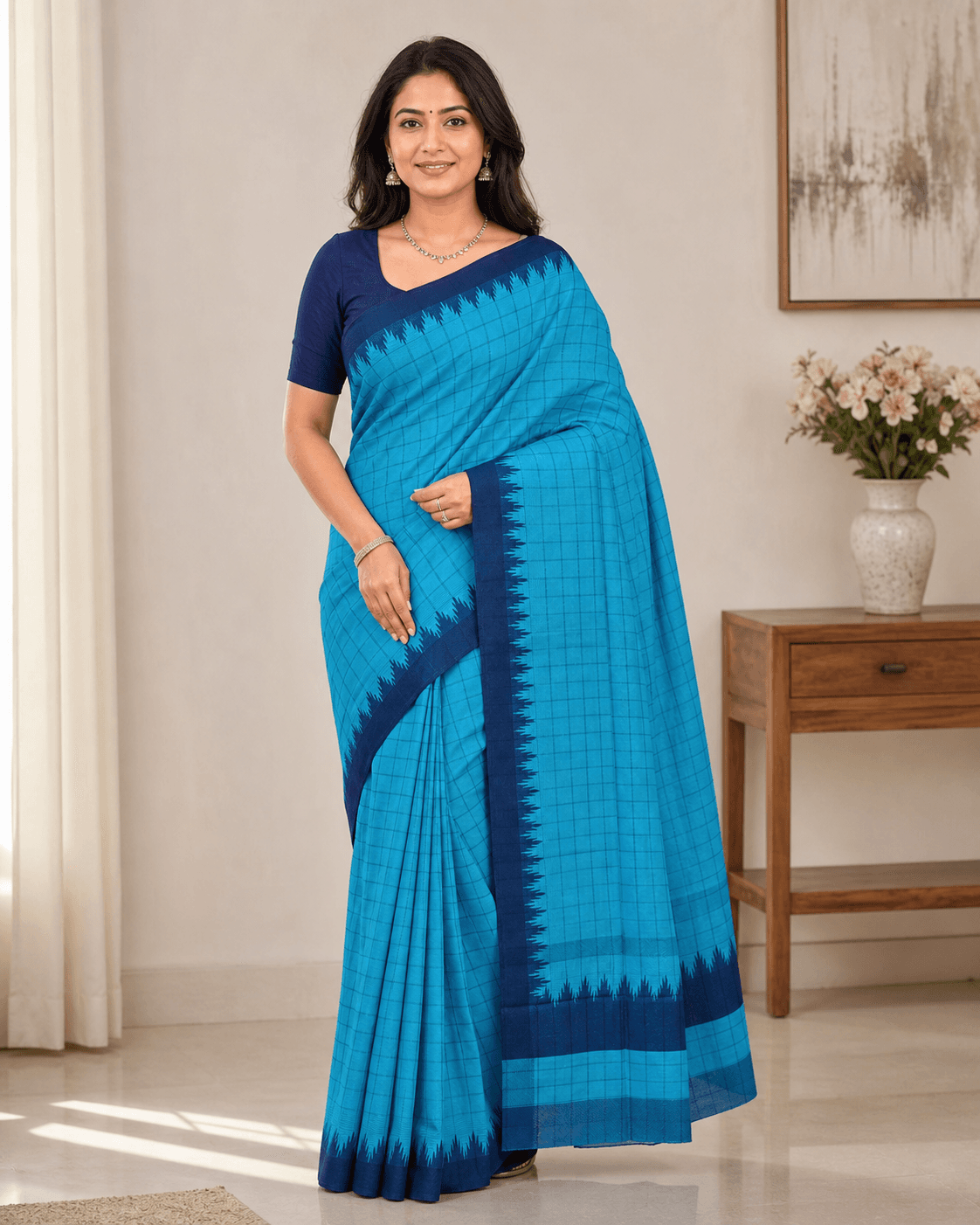 Turquoise Blue Checkered Saree