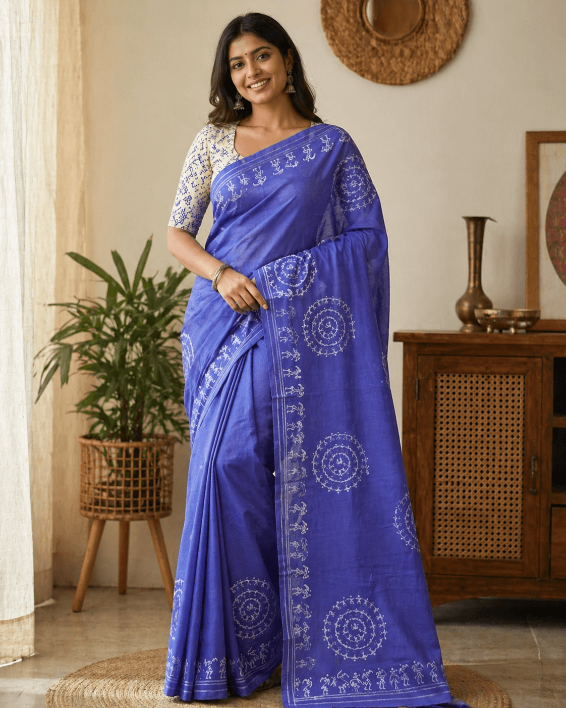 Blue Cotton Warli Saree