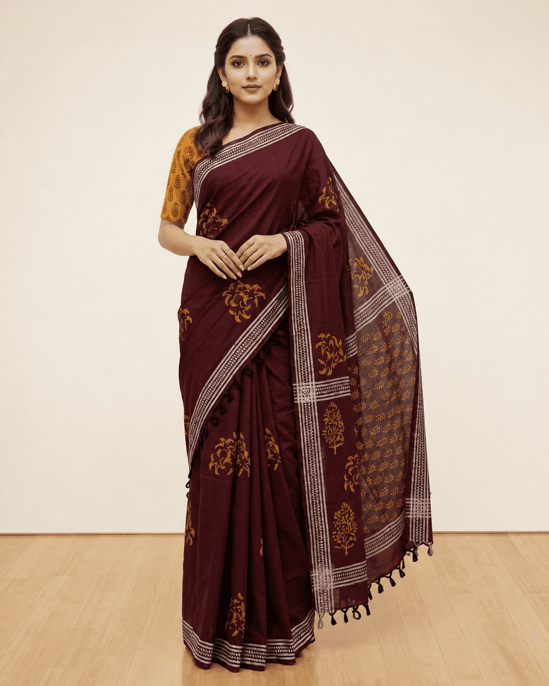 Maroon Cotton Floral Saree