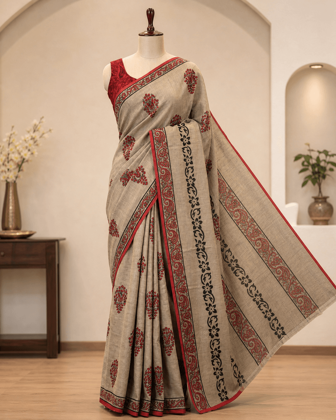 Beige Linen Floral Motif