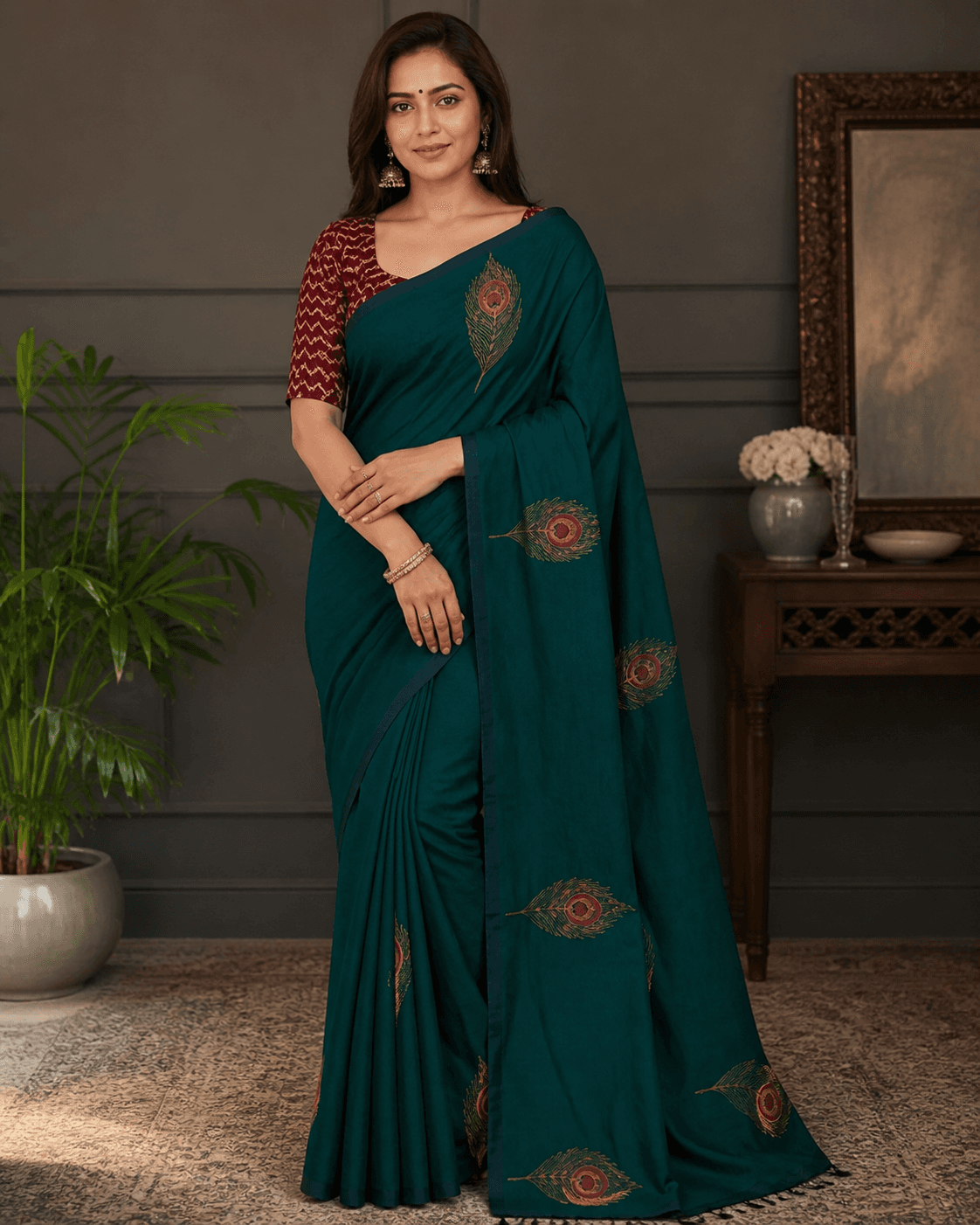 Teal Peacock Feather Saree