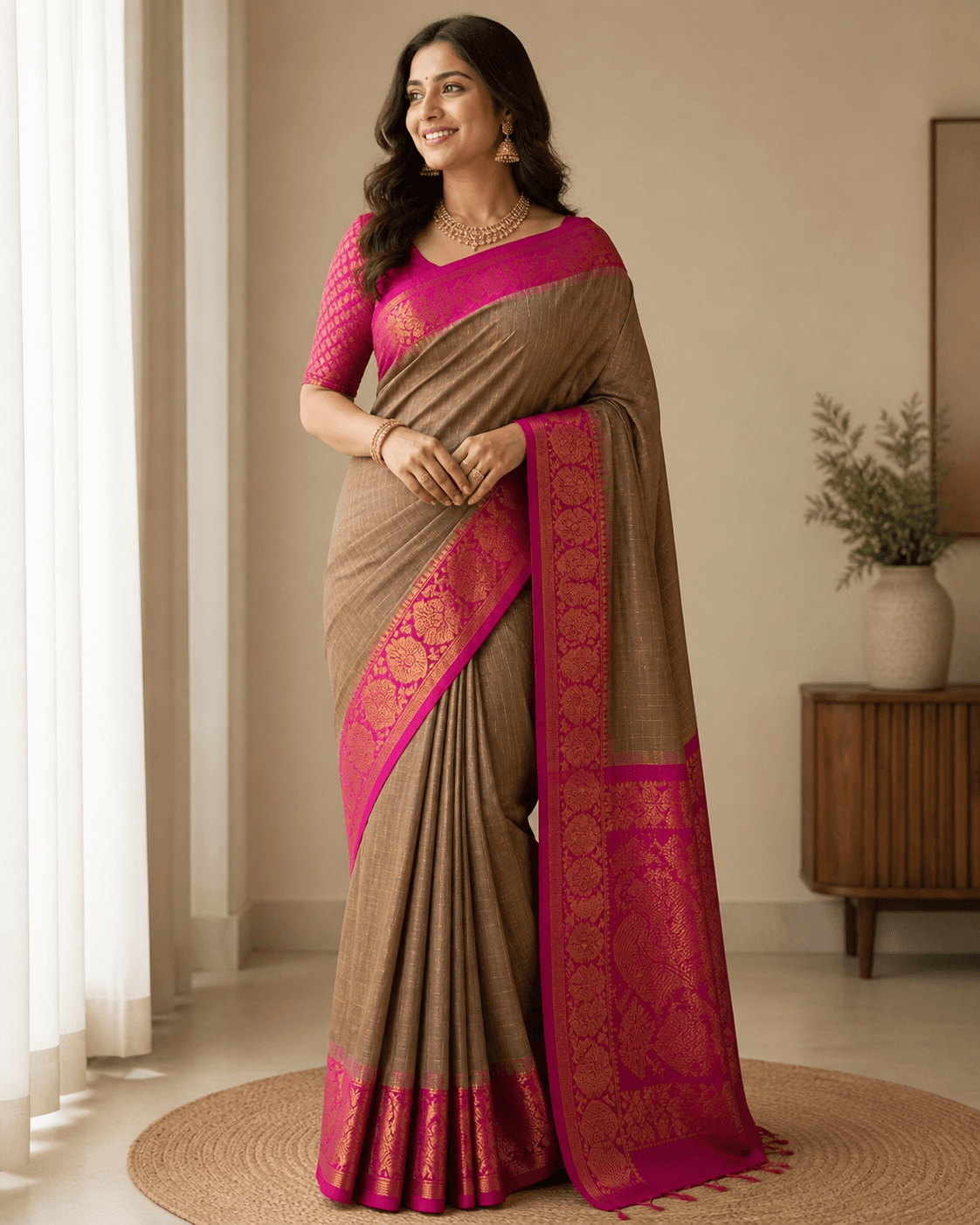 Brown Pink Silk Border