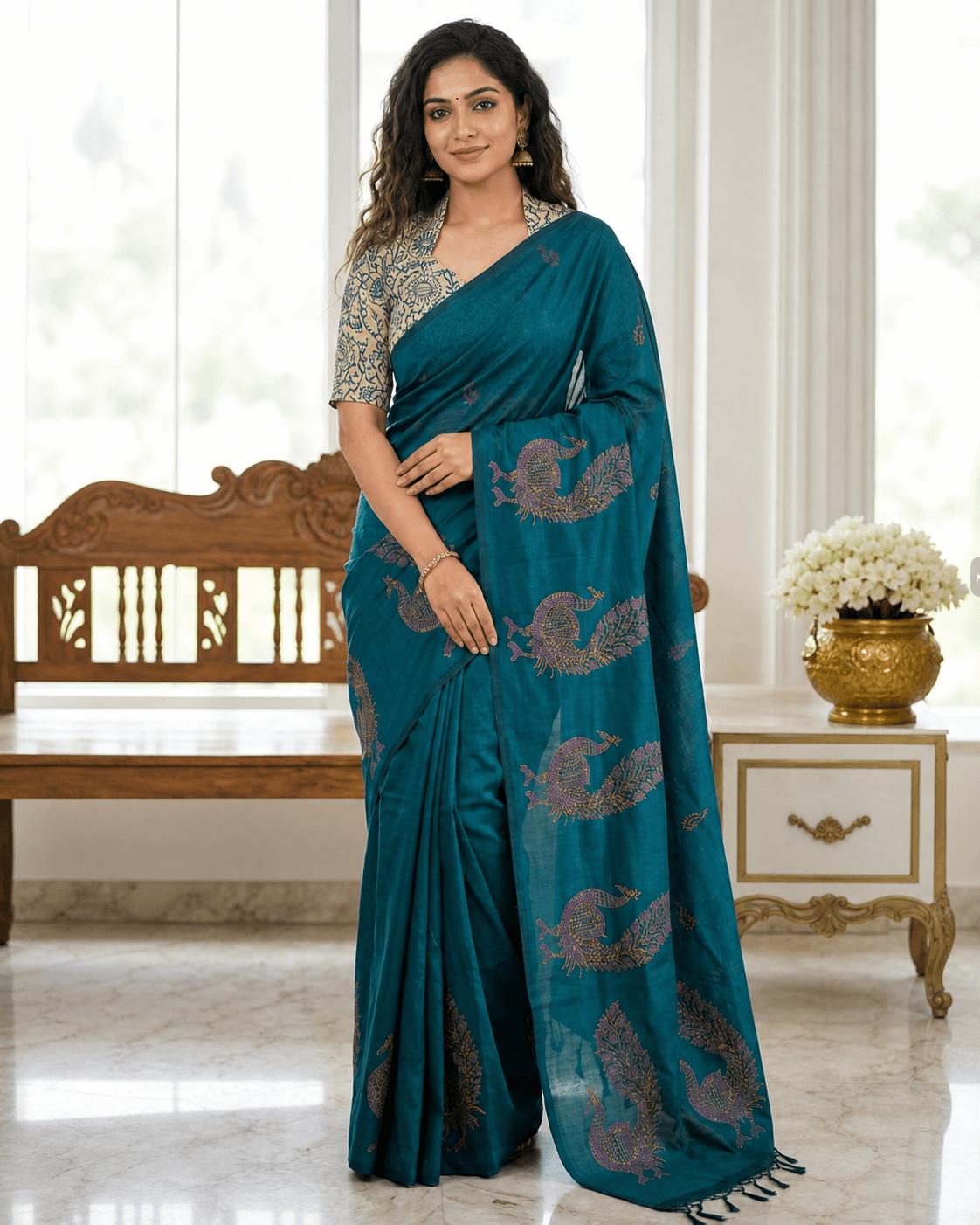 Teal Silk Peacock Saree