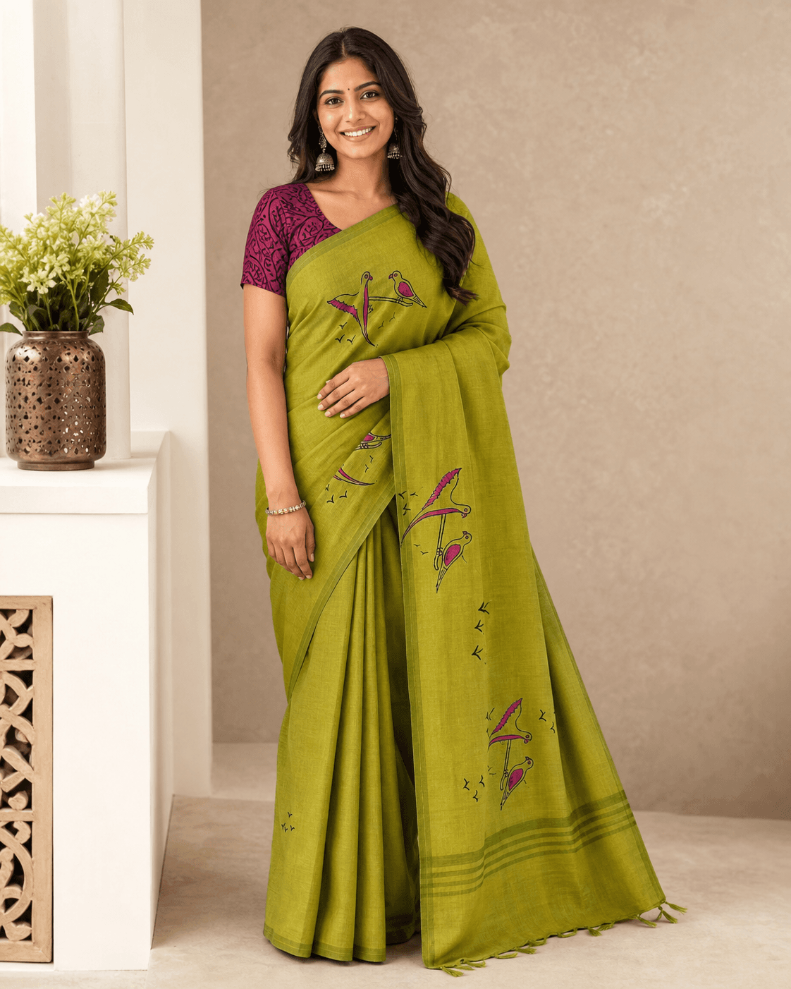 Olive Cotton Bird Motif