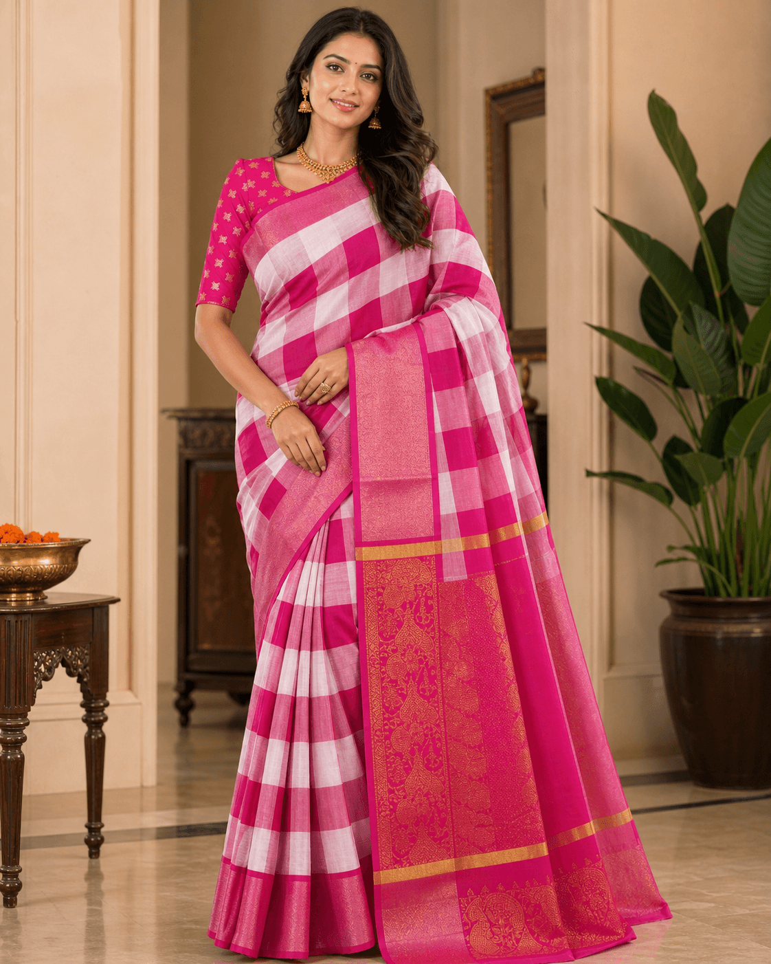 Pink Checkered Zari Border