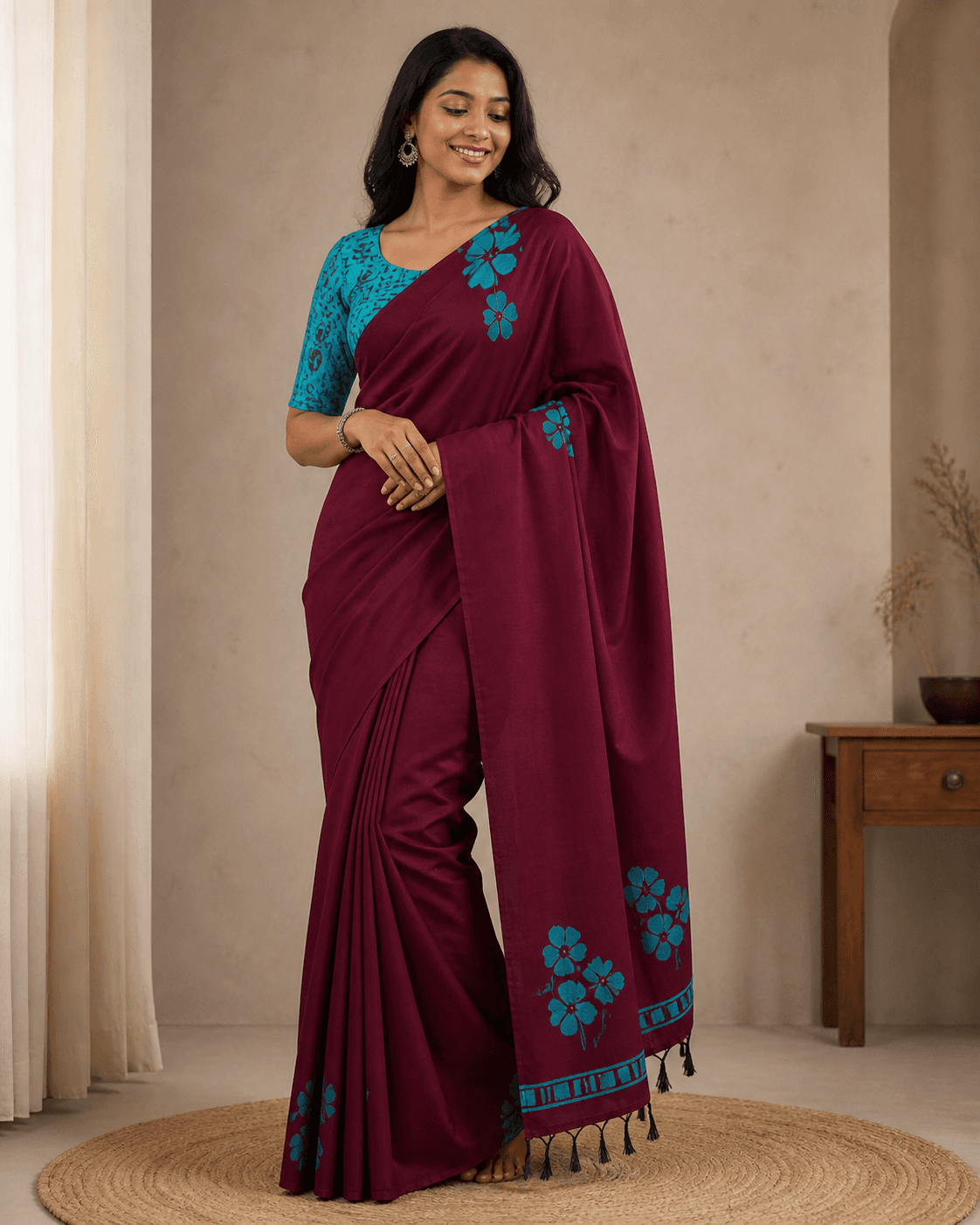 Maroon Cotton Floral Saree