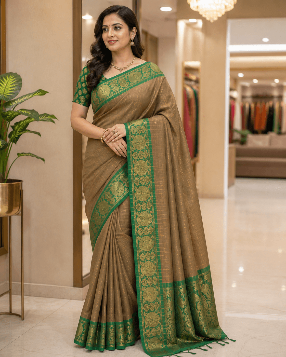 Beige Silk Green Border