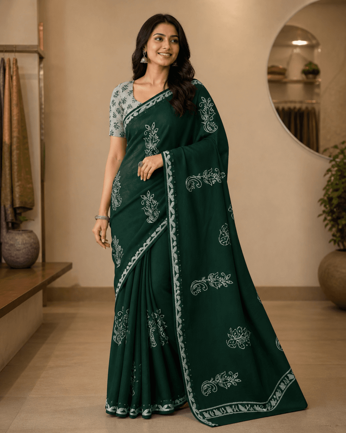 Green Floral Embroidered Saree