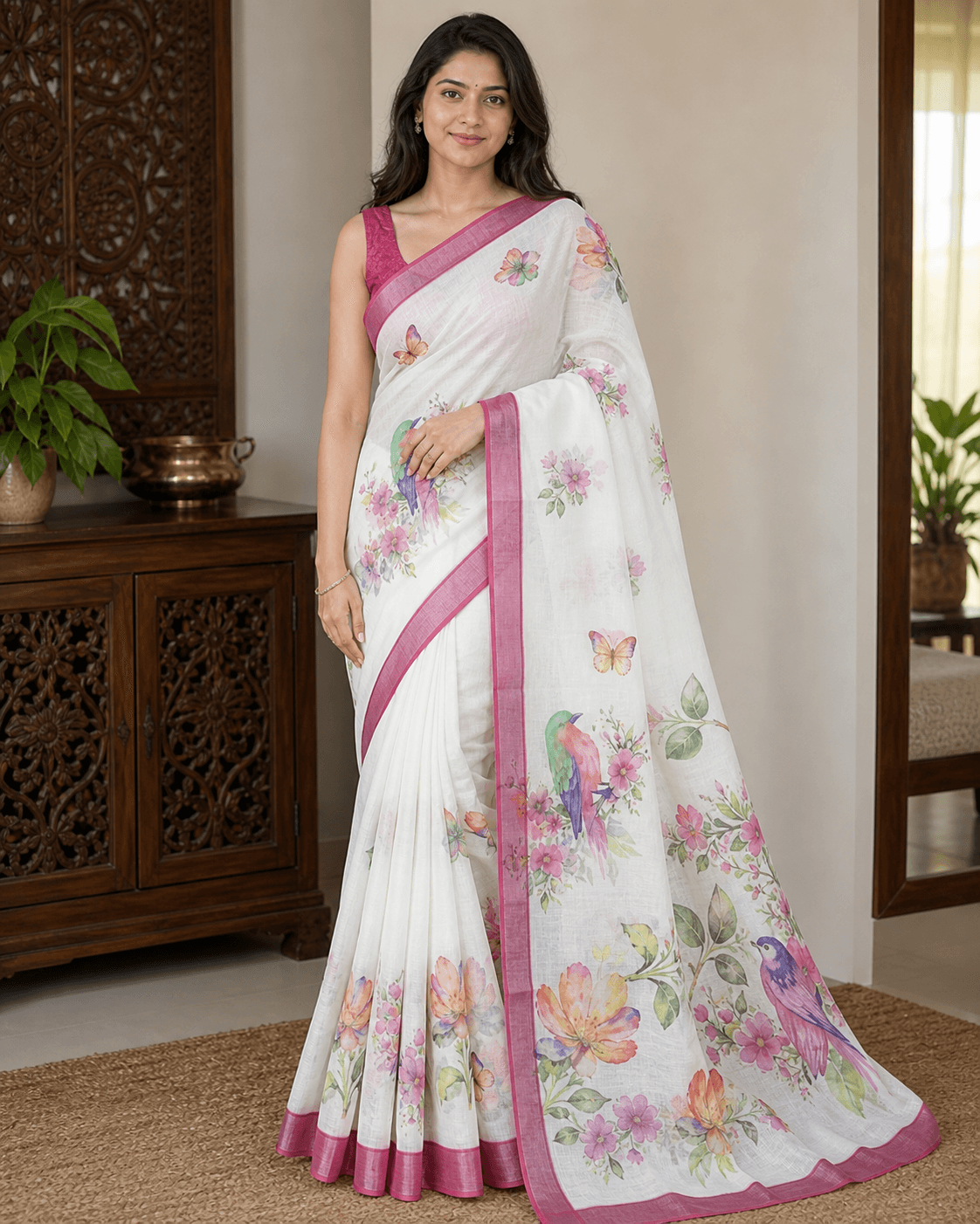 White Linen Floral Bird